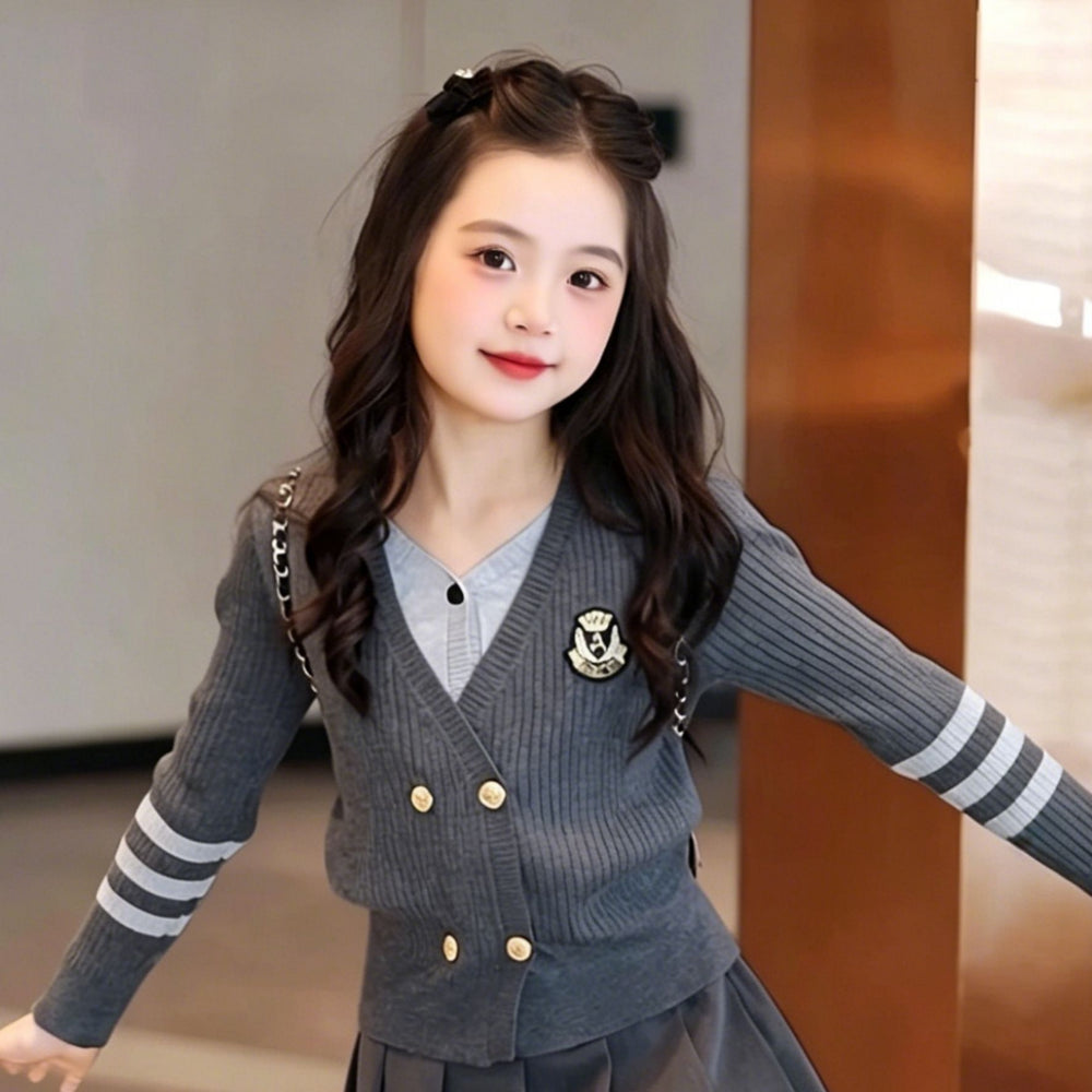 Girls' knit sweater set -  autumn collection: faux two-piece cardigan, preppy korean style, spring/autumn two-piece outfit