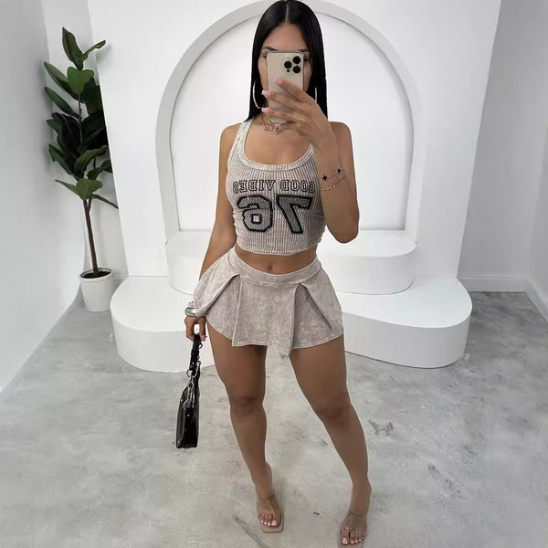 Summer European and American new  letter pit strips tight Spice Girls short vest top pleated skirt suit sexy