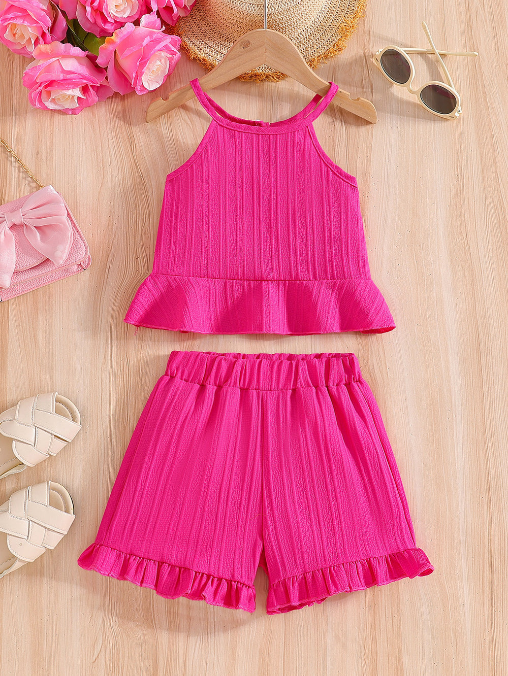 girls' sleeveless tank top two-piece set: rose red shorts with cute ruffle trim, kids' summer casual dress outfit