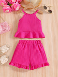 girls' sleeveless tank top two-piece set: rose red shorts with cute ruffle trim, kids' summer casual dress outfit