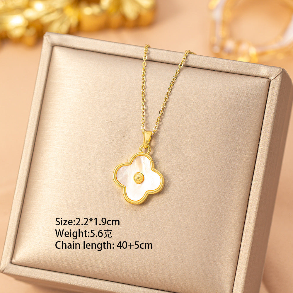 [titanium steel] cross-border popular accessible luxury simple white shell four-leaf clover necklace for women, high-end fashion clavicle chain accessories