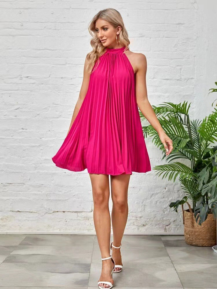 Amazon-chic, european and american style,  spring new arrival: solid color, off-the-shoulder, pleated, stand-up collar, tie-up, sleeveless dress