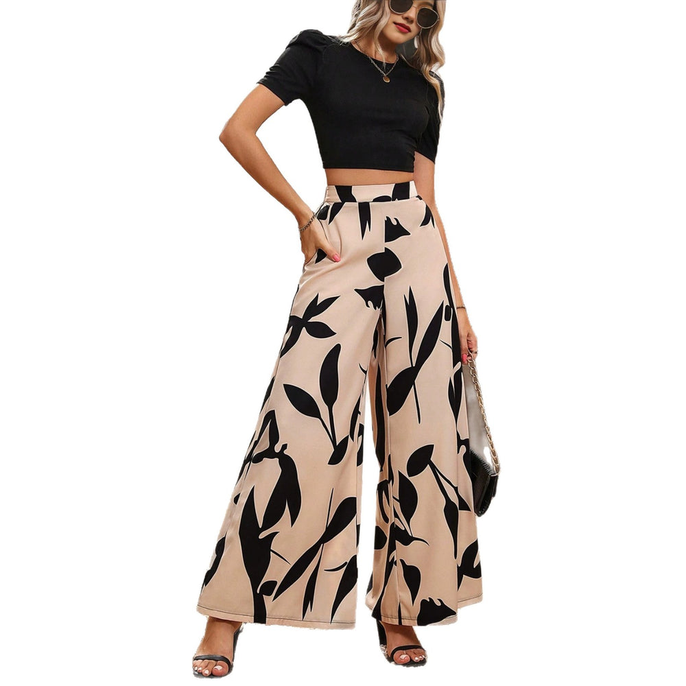 Amazon fashion cross-border women's black puff sleeve cropped top + botanical print wide-leg pant set