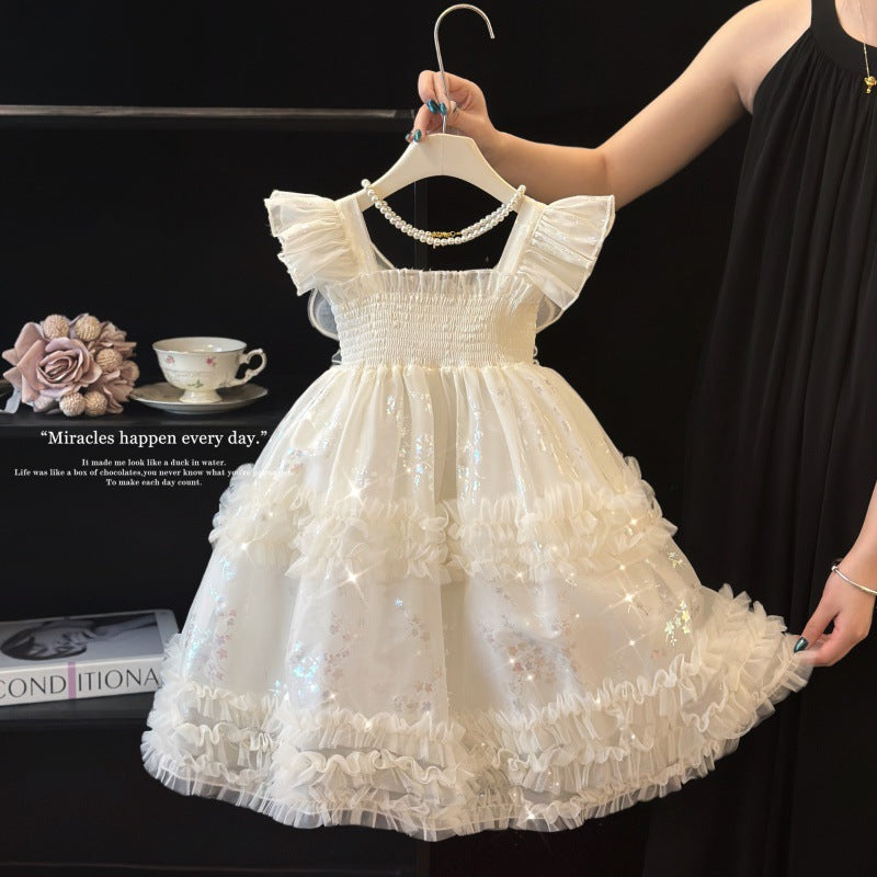 Girls' princess dress - summer  new collection: stunning and stylish white formal dress with butterfly wings for kids
