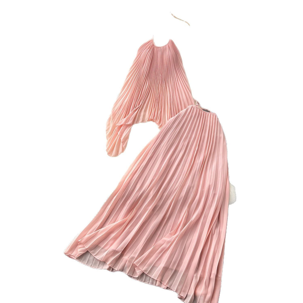 Dopamine beach vacation fashion set for women: summer halter neck ruched tank top + high-waisted midi skirt