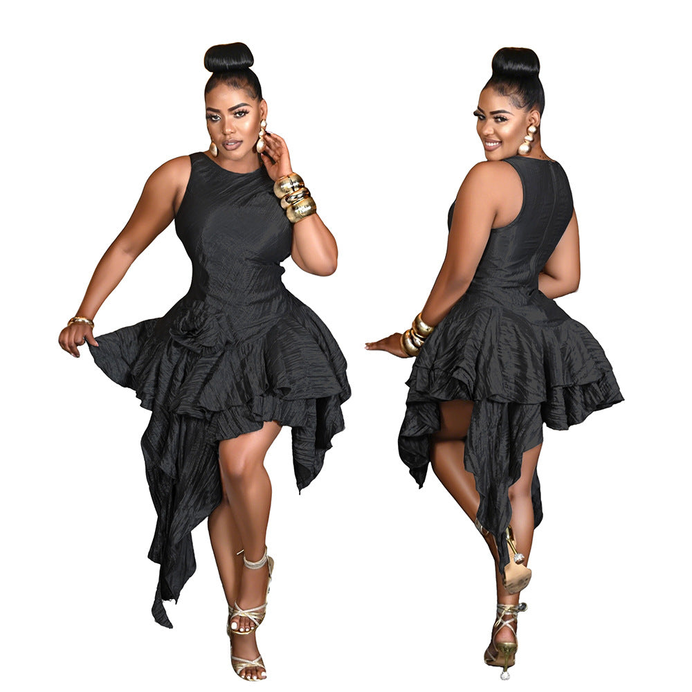 CY902036 European and American  round neck flashing silk wrinkled fabric irregular short skirt solid color dress