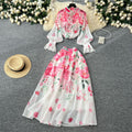 spring resort style two-piece set: women's elegant tie-waist lantern sleeve printed blouse + high-waisted drape midi skirt