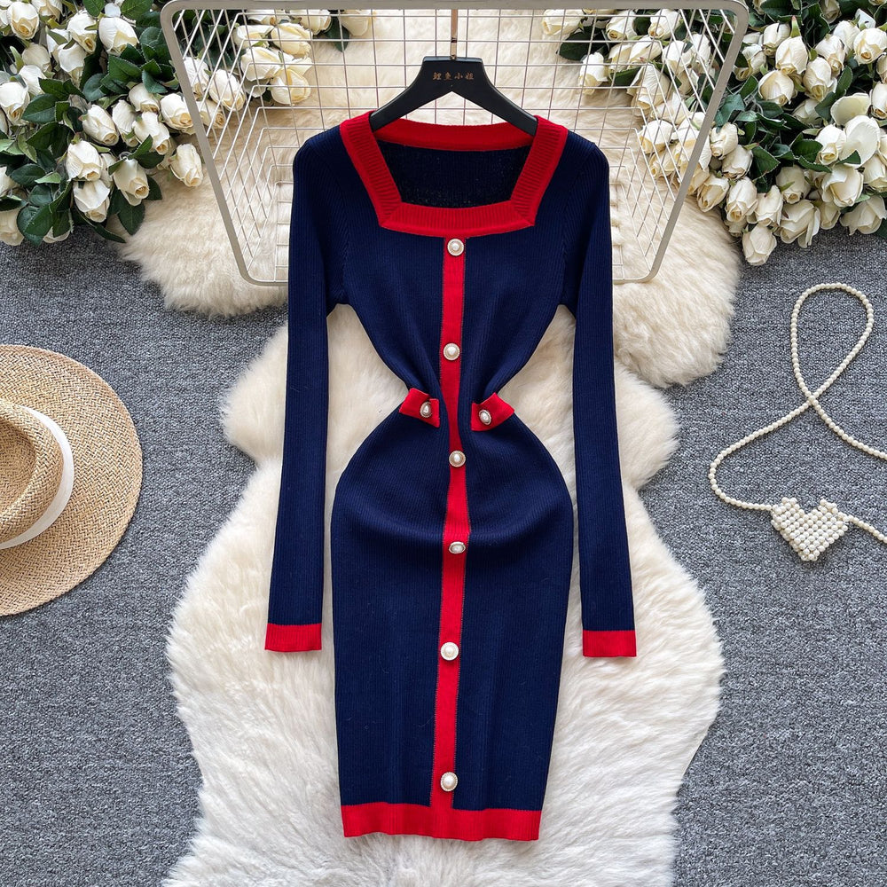 Frenchclassy small fragrant fashionablecontrast color square collar pearl button silmdress women's waist bag hip knitting skirt