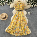 French country style yellow floral dress - women's summer gentle style, cinched waist, flowy maxi dress, commute chic