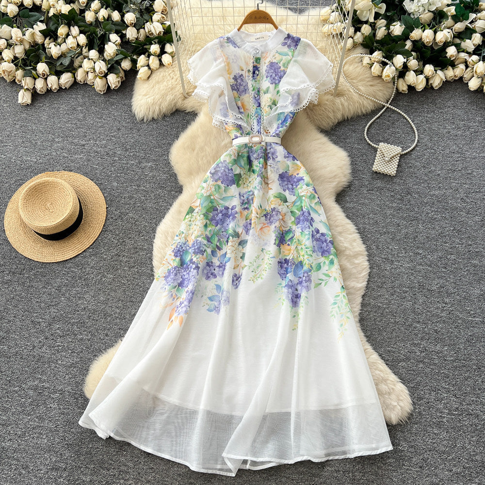 Vacation style v necktie back waist printingdress women's summer new arrivalruffle sleeves slimming lookelegantwork clothing long skirt