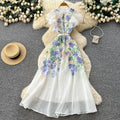 Vacation style v necktie back waist printingdress women's summer new arrivalruffle sleeves slimming lookelegantwork clothing long skirt