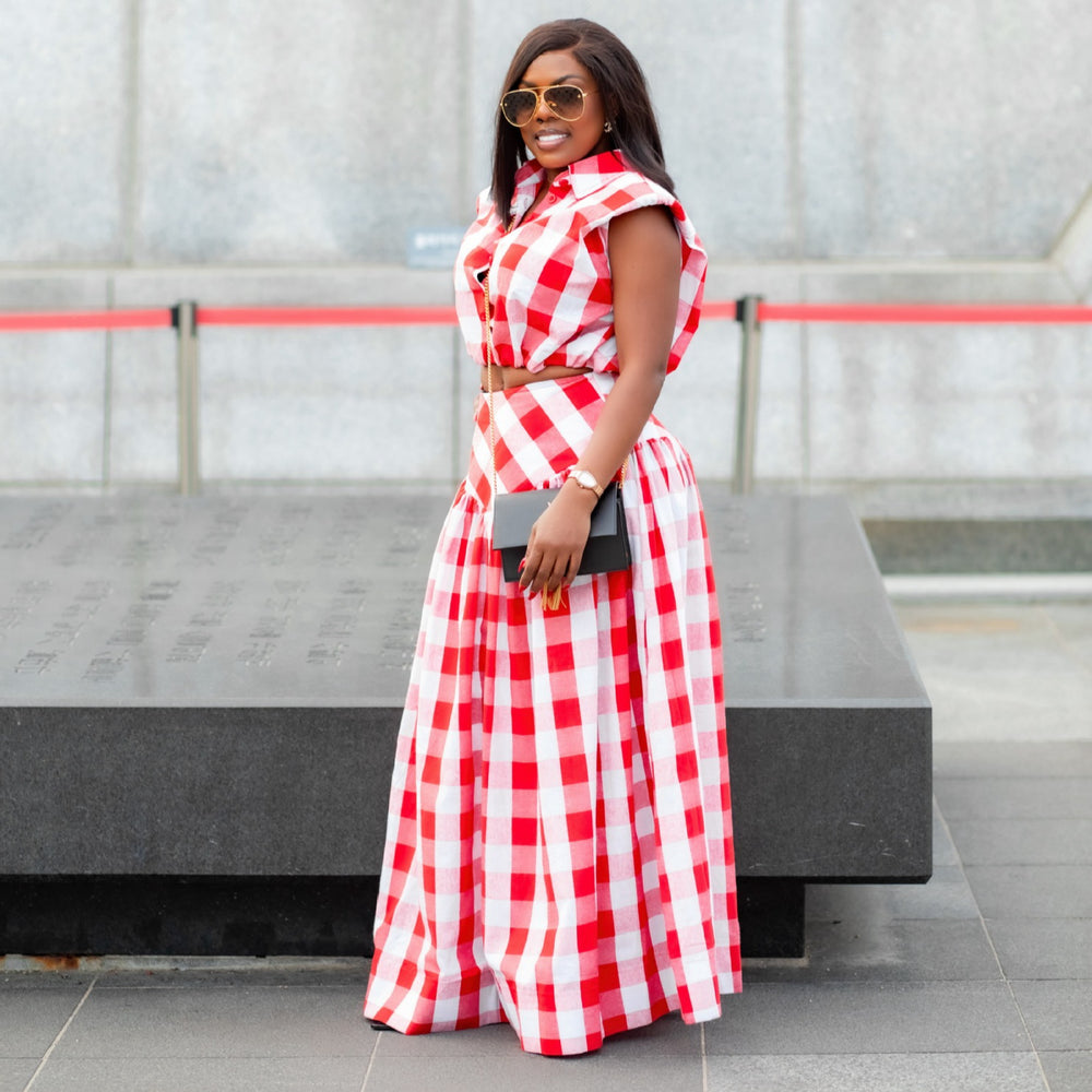 European and american cross-border women's fashion:  summer new collection - trendy plaid turn-down collar shirt and a-line skirt set