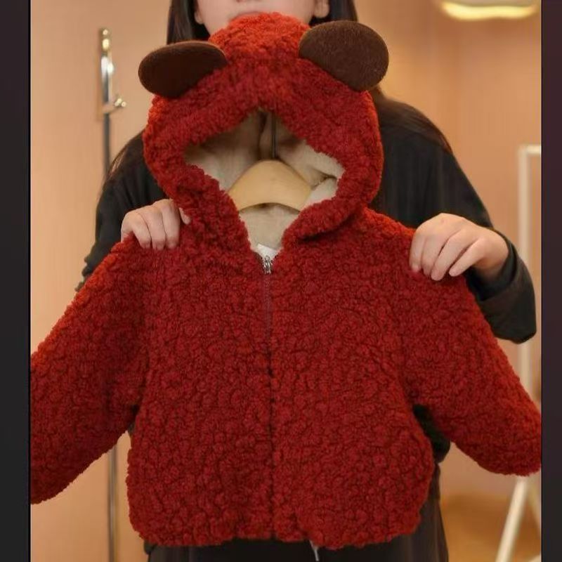 Girlwinter baby cutebearfleece-linedthickened clothes western style kidsoutwearfall and winternew arrivalfurrytops