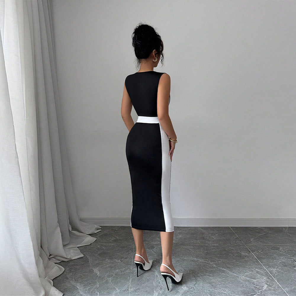 summer new arrival:  cross-border women's fashion - mature & sophisticated maxi dress with square neck, spaghetti straps, and color block design