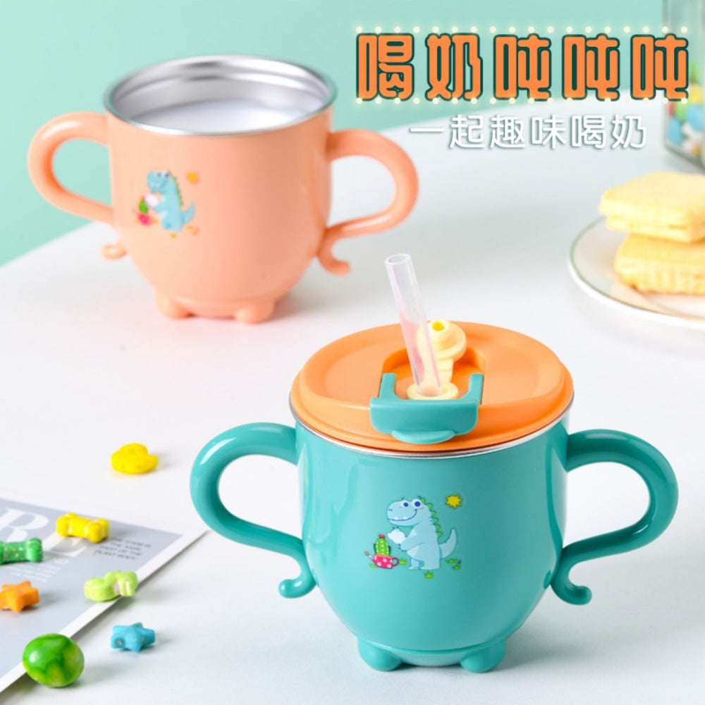 Kids' milk cup with measuring marks, baby straw cup for formula mixing and water drinking, stainless steel, drop-proof training cup