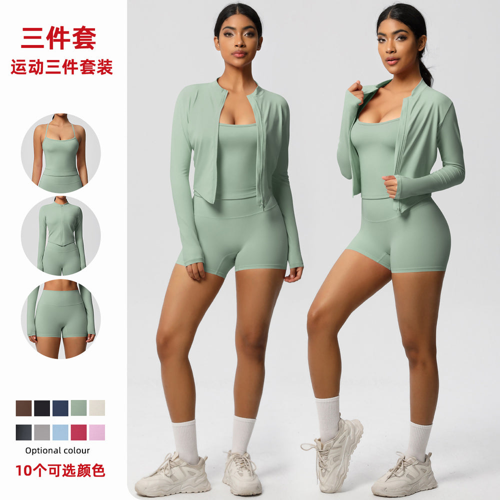 High-waisted, form-fitting, brushed yoga set. european and american style, "naked feel" quick-dry fitness outfit. three-piece set for outdoor leisure, running, and sports