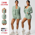 High-waisted, form-fitting, brushed yoga set. european and american style, "naked feel" quick-dry fitness outfit. three-piece set for outdoor leisure, running, and sports