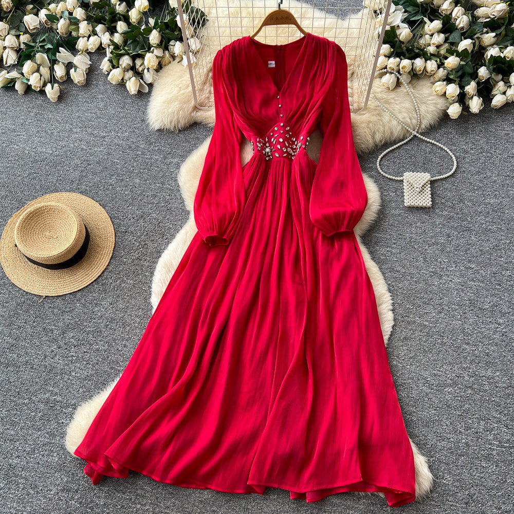 French retro red v-neck lantern sleeve beaded dress - women's slimming, figure-flattering, elegant, and flowy maxi dress