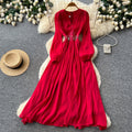 French retro red v-neck lantern sleeve beaded dress - women's slimming, figure-flattering, elegant, and flowy maxi dress