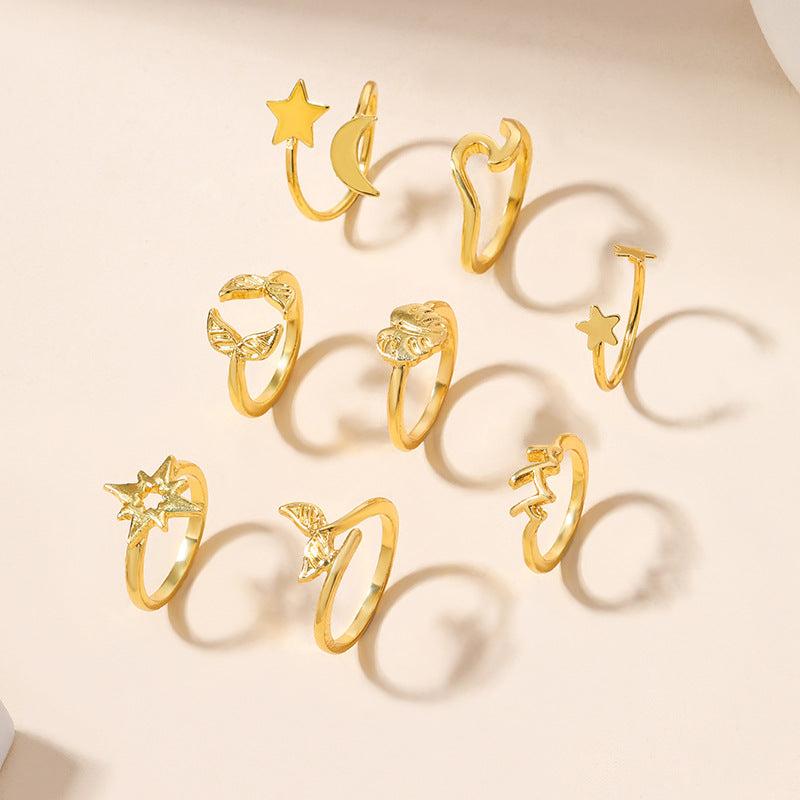 Wholesale niche women's rings, european and american cross-border jewelry, unique and exaggerated alloy star and heart stackable rings with a sense of design