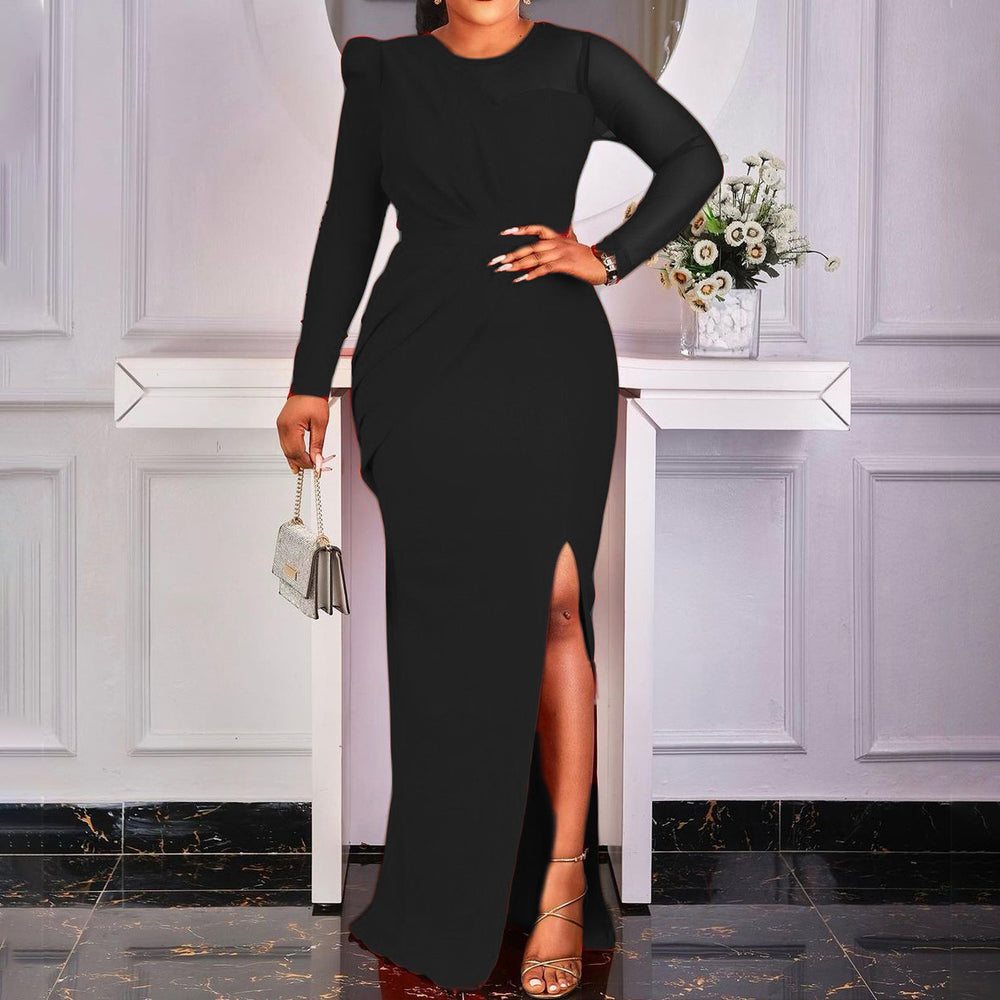 Amazon independent station mesh stitching pure colorfashionplus sizefashion slit dress cross-border long skirt dress