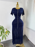 export french chic pearl embellished short-sleeve knitted dress - women's fitted waist pleated elegant maxi dress