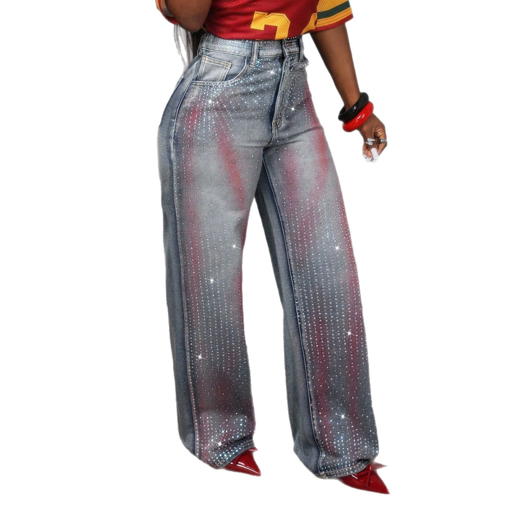 Fashion heavy industry hot diamond gradient red pattern wide leg jeans women's high waist washed bright diamond drapedmoppants cross-border