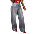 Fashion heavy industry hot diamond gradient red pattern wide leg jeans women's high waist washed bright diamond drapedmoppants cross-border