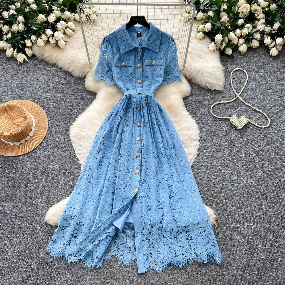 French chic pink lace dress for women, 2026 summer collection: short sleeve, turn-down collar, cinched waist, a-line silhouette - effortless elegance
