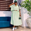 European and american cross-border african women's fashion  autumn new collection: stylish notch collar striped short-sleeve shirt and midi skirt set