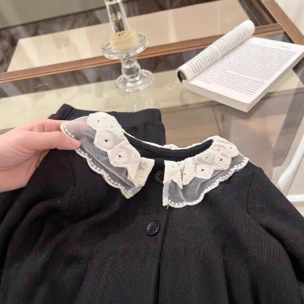 【dropshipping】 girls' autumn outfit: designer-inspired tweed-style top with lace trim and flared pants two-piece set
