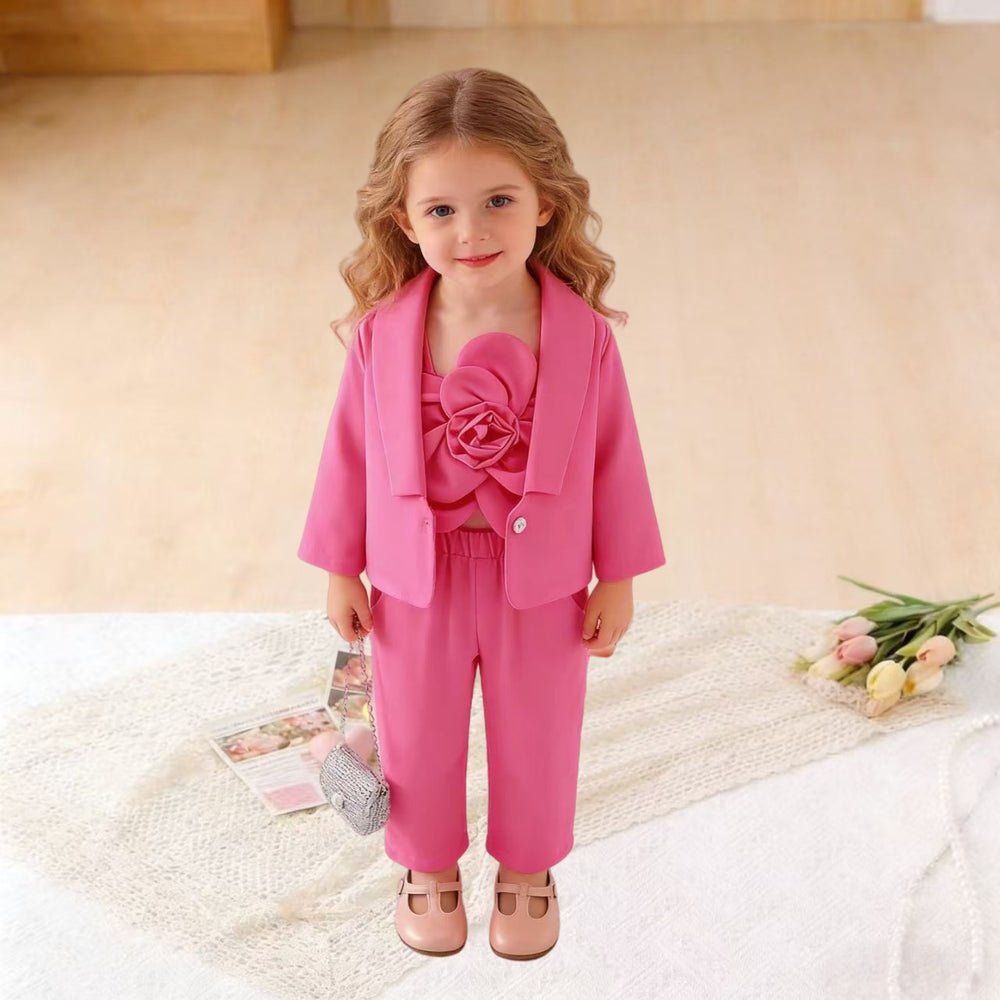 Amazon fashionfall and winternew arrivalfemale middle childsuitpure color lapel outwear with vest flower pants three-piece set