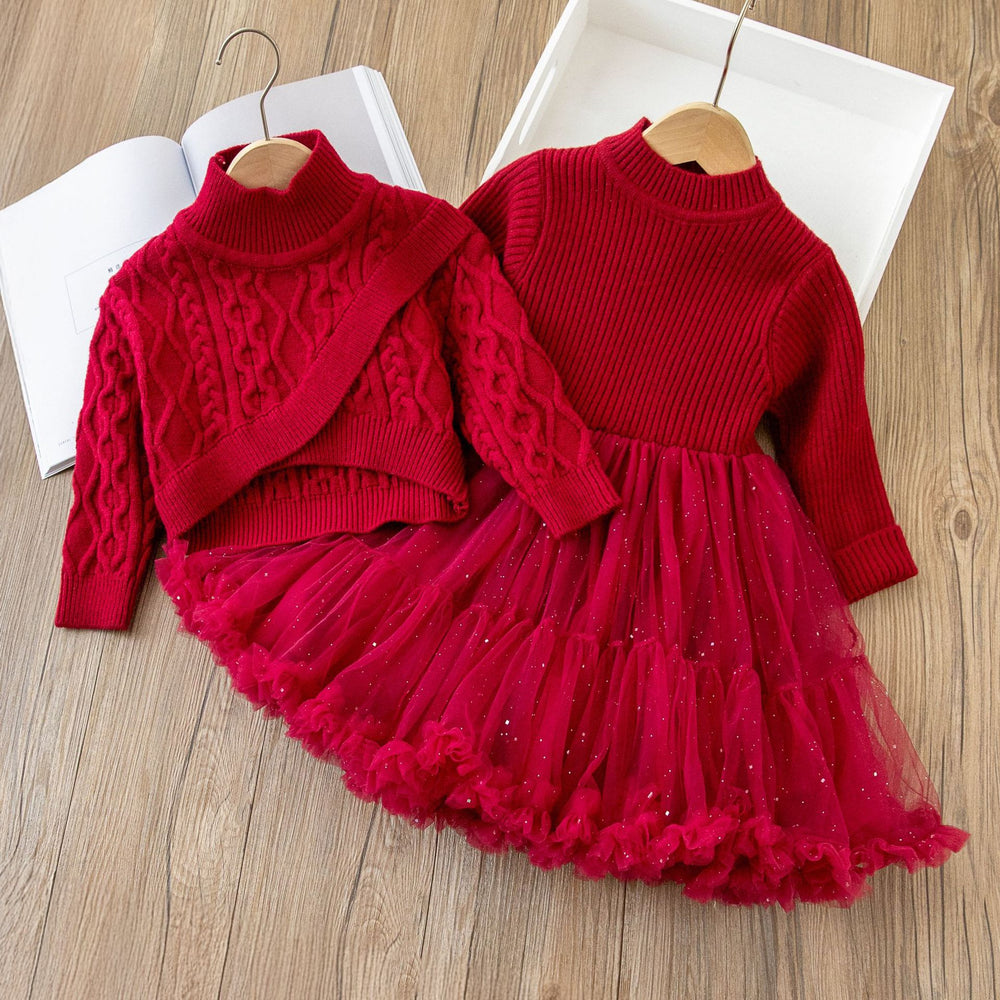 Christmas dress girls' sweater dress  autumn/winter new princess dress new year's outfit tutu skirt set