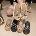 Women's thick-soled thong sandals - new summer collection: floral rhinestone crossover strap roman slip-on sandals