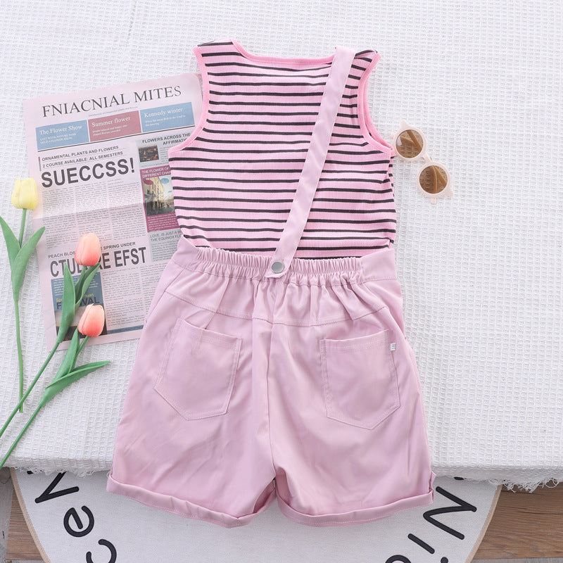 Girls' summer outfit: new striped tank top and shorts set with cartoon print - trendy european & american style, hot seller!