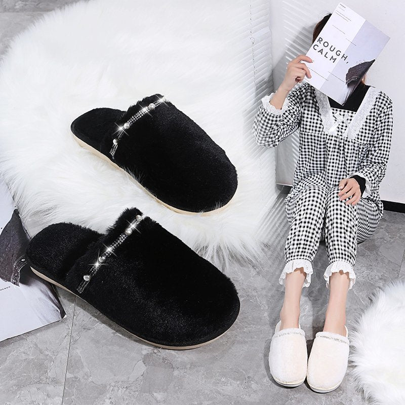 winter baotou women's soft fur cotton slippers home indoor heattech rhinestone fashionoutwear cotton slippers