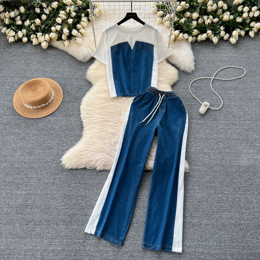 Chic hong kong style women's two-piece set: designer short-sleeve t-shirt with denim patchwork top + high-waisted casual straight-leg pants