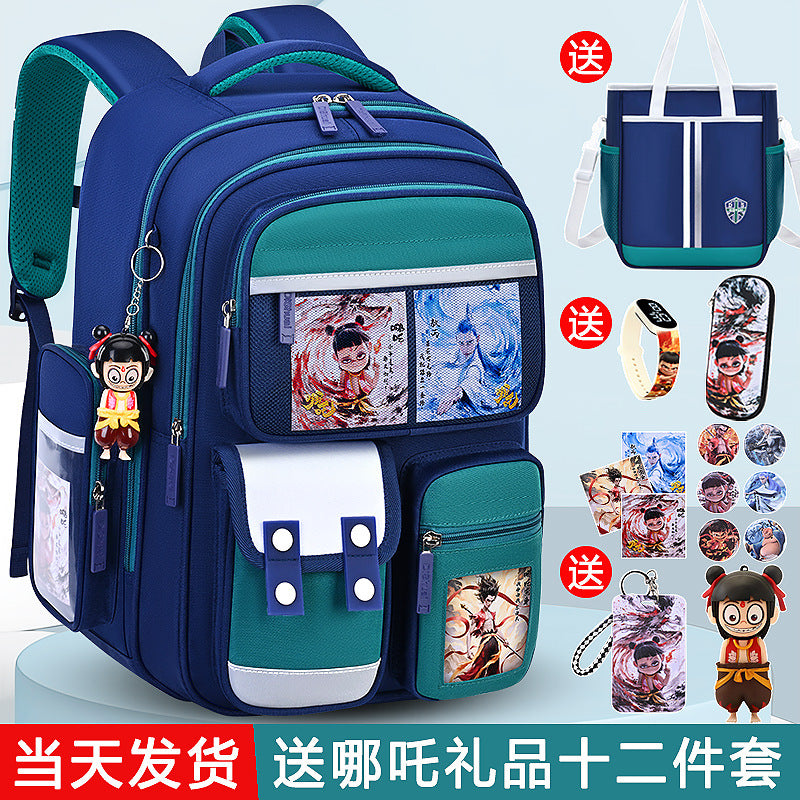 New nezha backpack for elementary school students, grades 1-6, lightweight, spine-protecting, load-reducing, large capacity for boys and girls