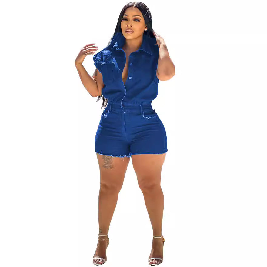 European and american style women's elastic waist jumpsuit -  cross-border women's summer streetwear sexy stretch denim romper