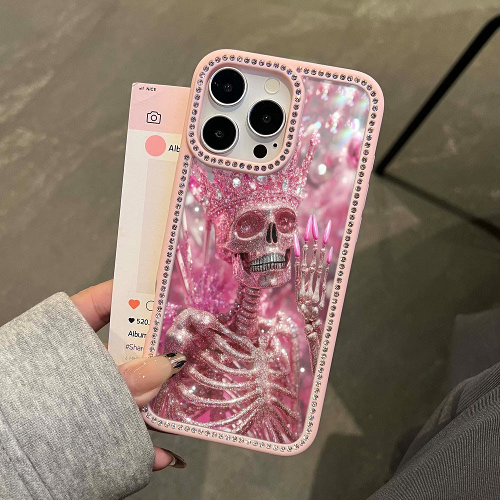 Suitable for iphone 16 pink skull rhinestone mobile phone case apple 17 stylish cool high-end anti-fall protective cover