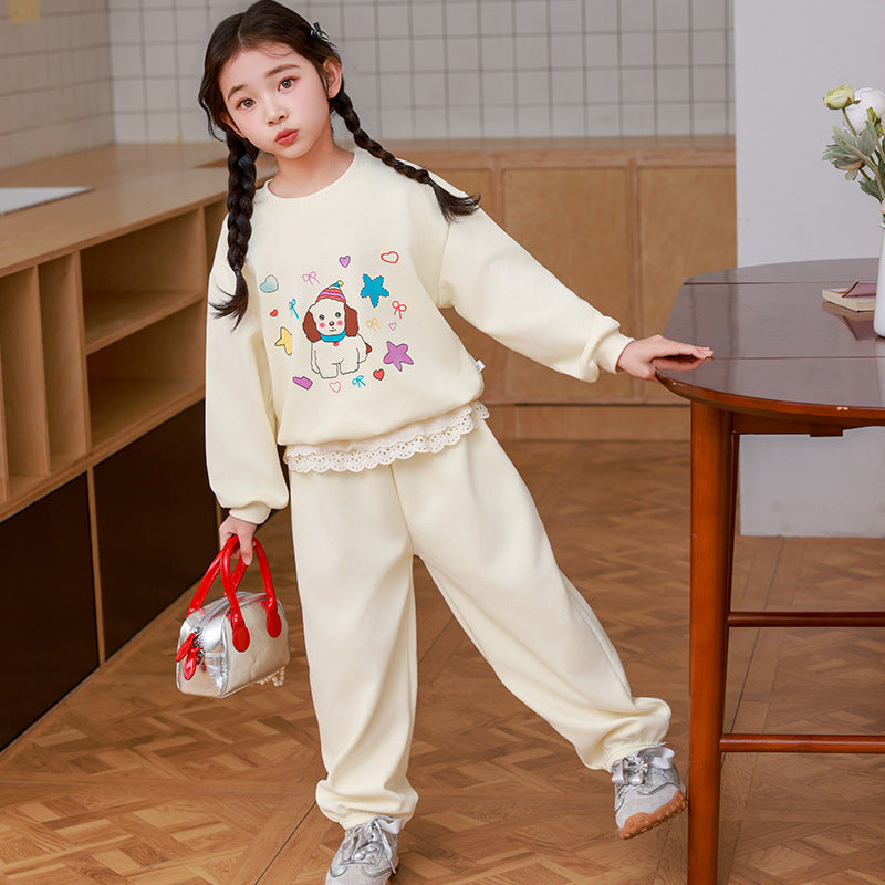 girls' spring/autumn tracksuit set - cartoon lace trim, outdoor two-piece korean style kids' clothing