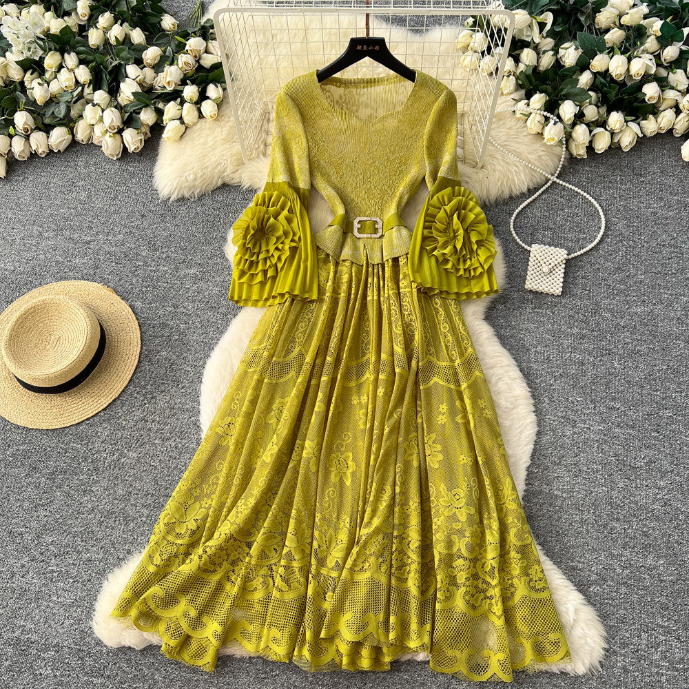 Light mature style lace lantern sleeve cut outdress female stereo flower waist slimming look a-line skirt classy sense of elegant