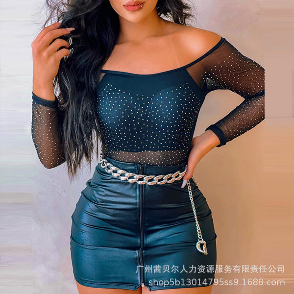 LZJ2621 Women's Fashion Hot Diamond Long Sleeve Mesh Top + Skirt Set