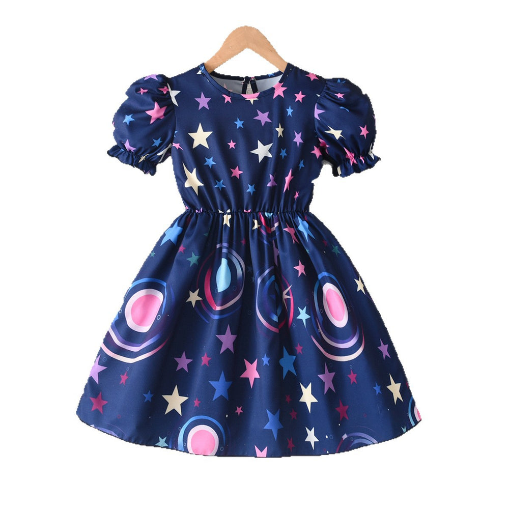 summergirldress navy blue star printing puff sleeves fungus edge waist a-line kids princess dress