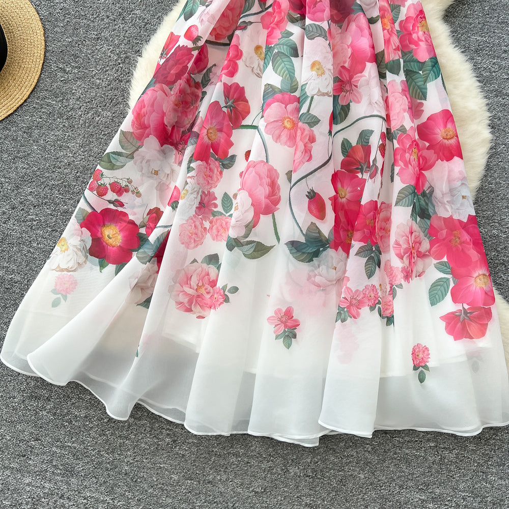 French chic summer dress for women - elegant, high-end, ruffle-trimmed v-neck, slimming, printed maxi dress with a-line skirt