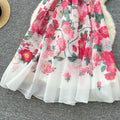 French chic summer dress for women - elegant, high-end, ruffle-trimmed v-neck, slimming, printed maxi dress with a-line skirt