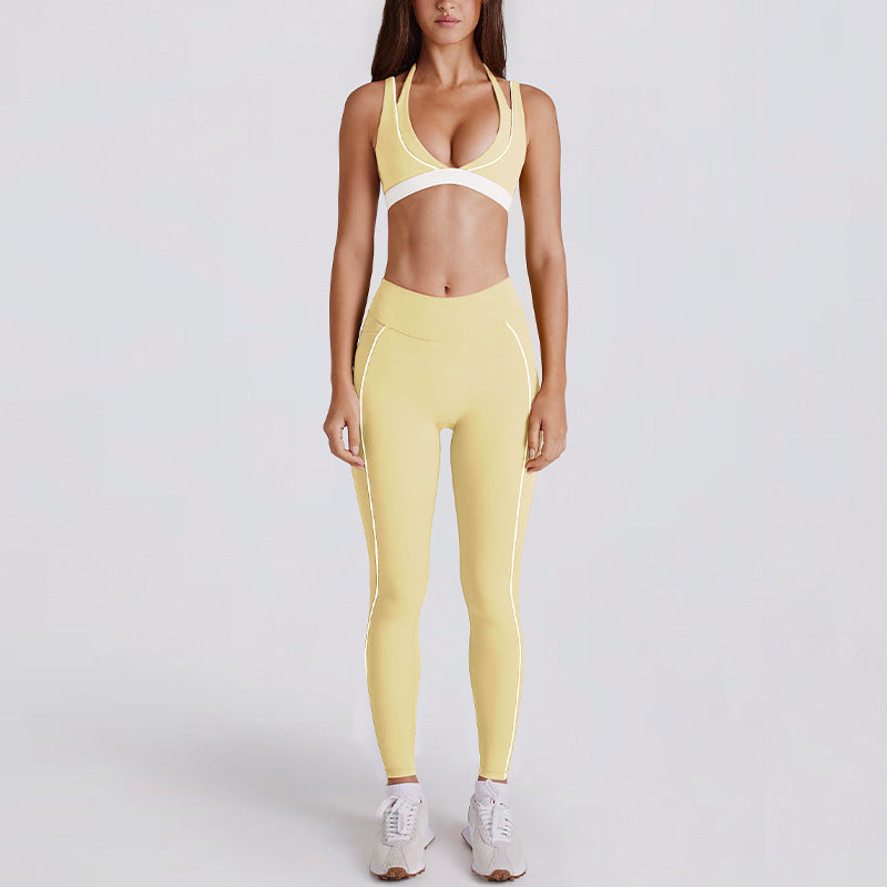 fake two-piececontrast color white striped running fitness shorts v neckhalter sports intimates bra yoga suit