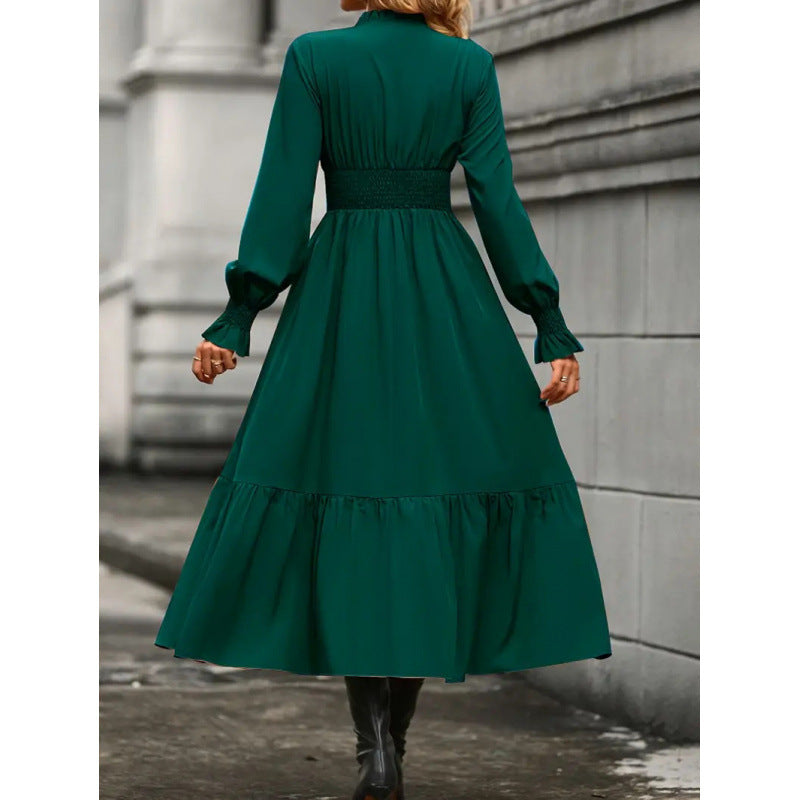 Shipped:  new european and american style women's elegant solid color v-neck long sleeve maxi dress