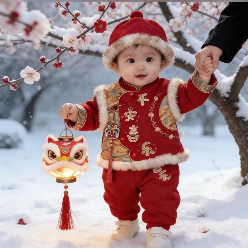 Winter thickened warm baby red new year romper jumpsuit new year's greeting outfit two-piece trendy set for going out