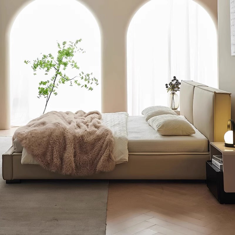Source factory cream style tofu block genuine leather bed popular french 1.8m double bed master bedroom